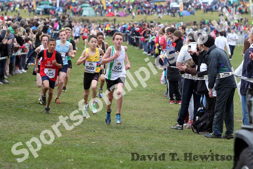j. Boswell (Hampshire) leads eventual winner Markhim Lonsdale (North East) the Under-13 Boys race, McCain Inter Counties Cross Country, Cofton Park, Birmingham.